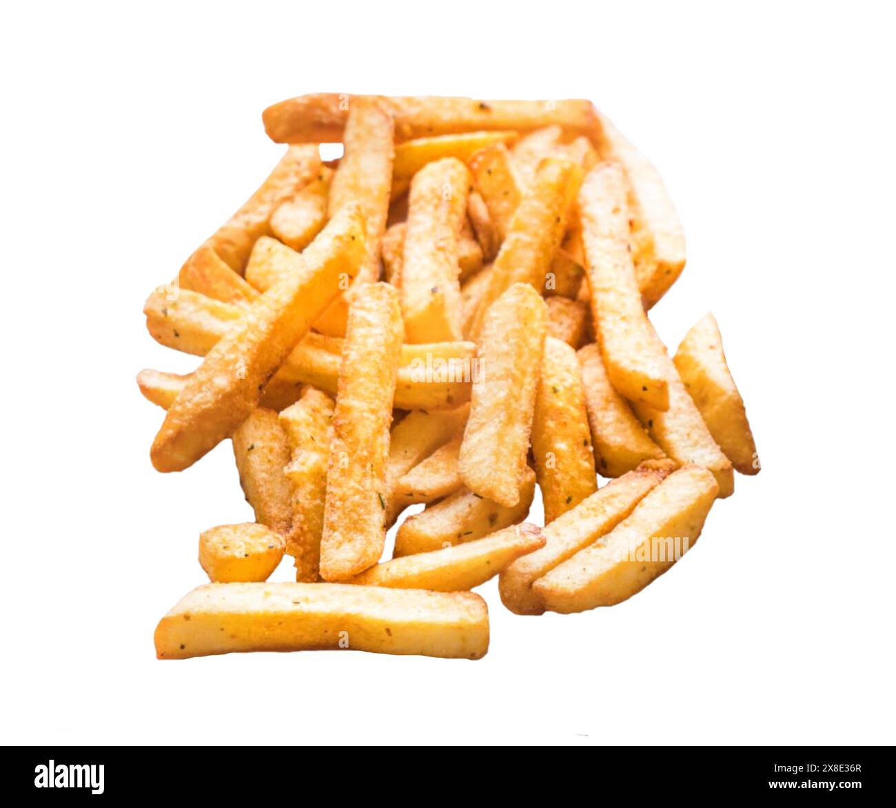 Pommes frites. Gesalzener Snack. Kartoffelchips isoliert auf weißem Hintergrund. Stockfoto