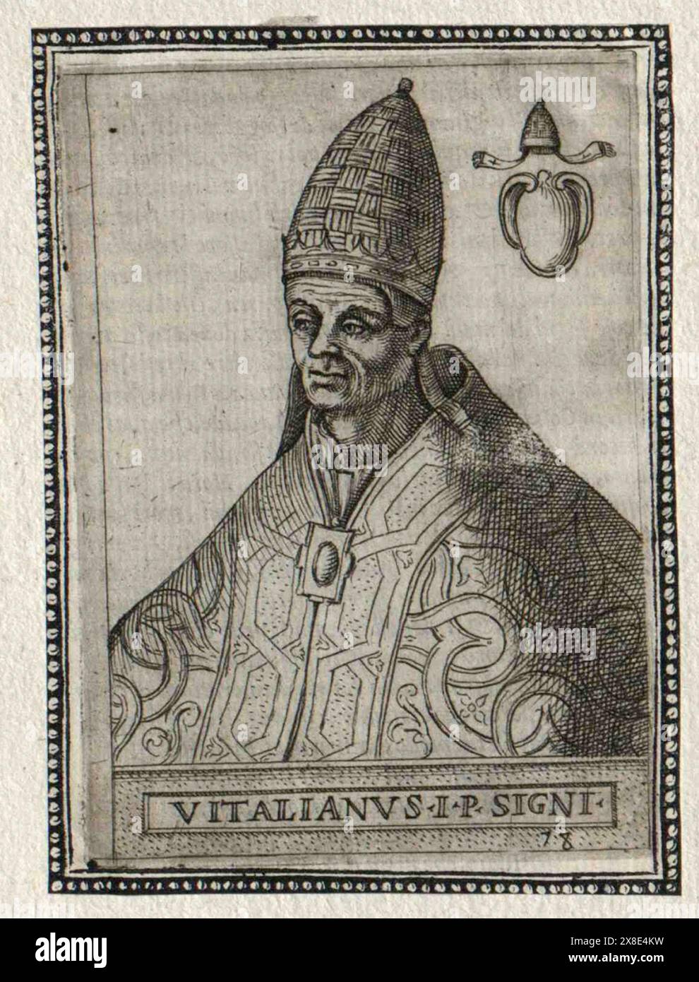 Ein Kupferstich von Papst Vitalian aus dem 16. Jahrhundert, der von 657 bis 672 Päpste war. Er war der 76. Papst. Stockfoto