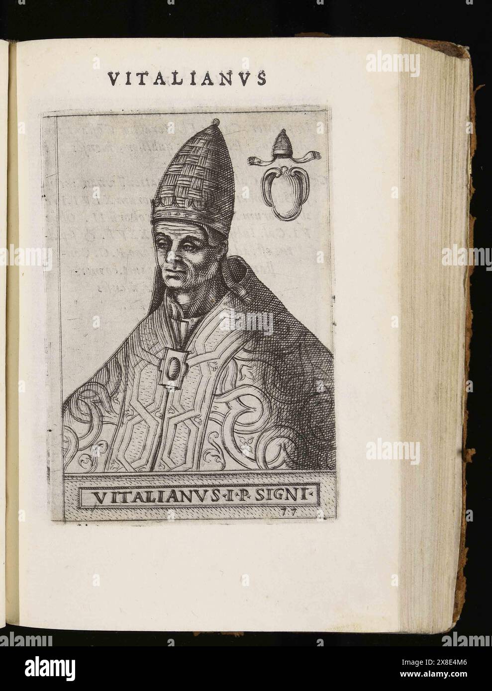 Ein Kupferstich von Papst Vitalian aus dem Jahr 1580, der von 657 bis 672 Pontiff war. Er war der 76. Papst. Stockfoto