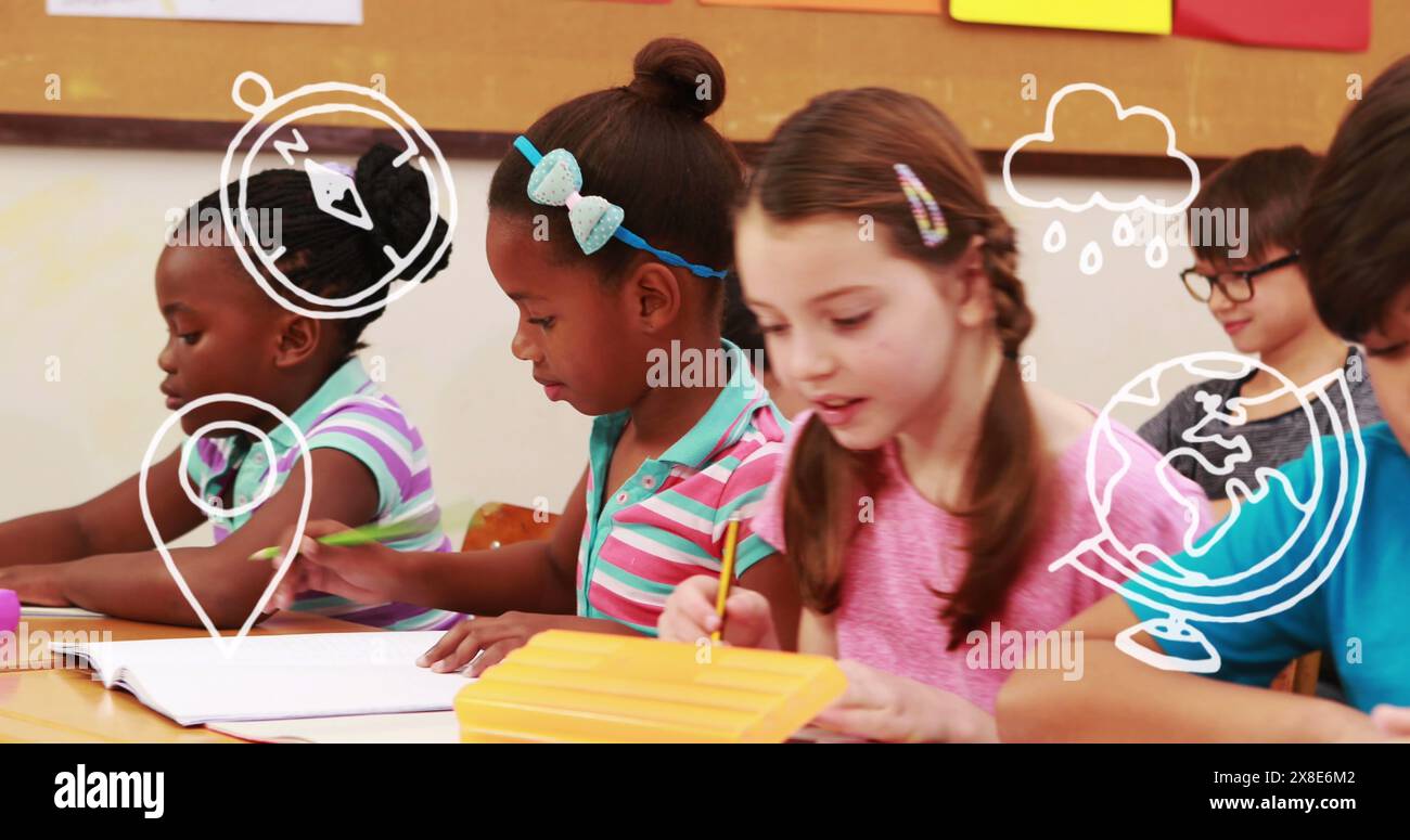 Bild von Schulsymbolen über Schulkindern Schulschule Schulschule Schulschulen Stockfoto