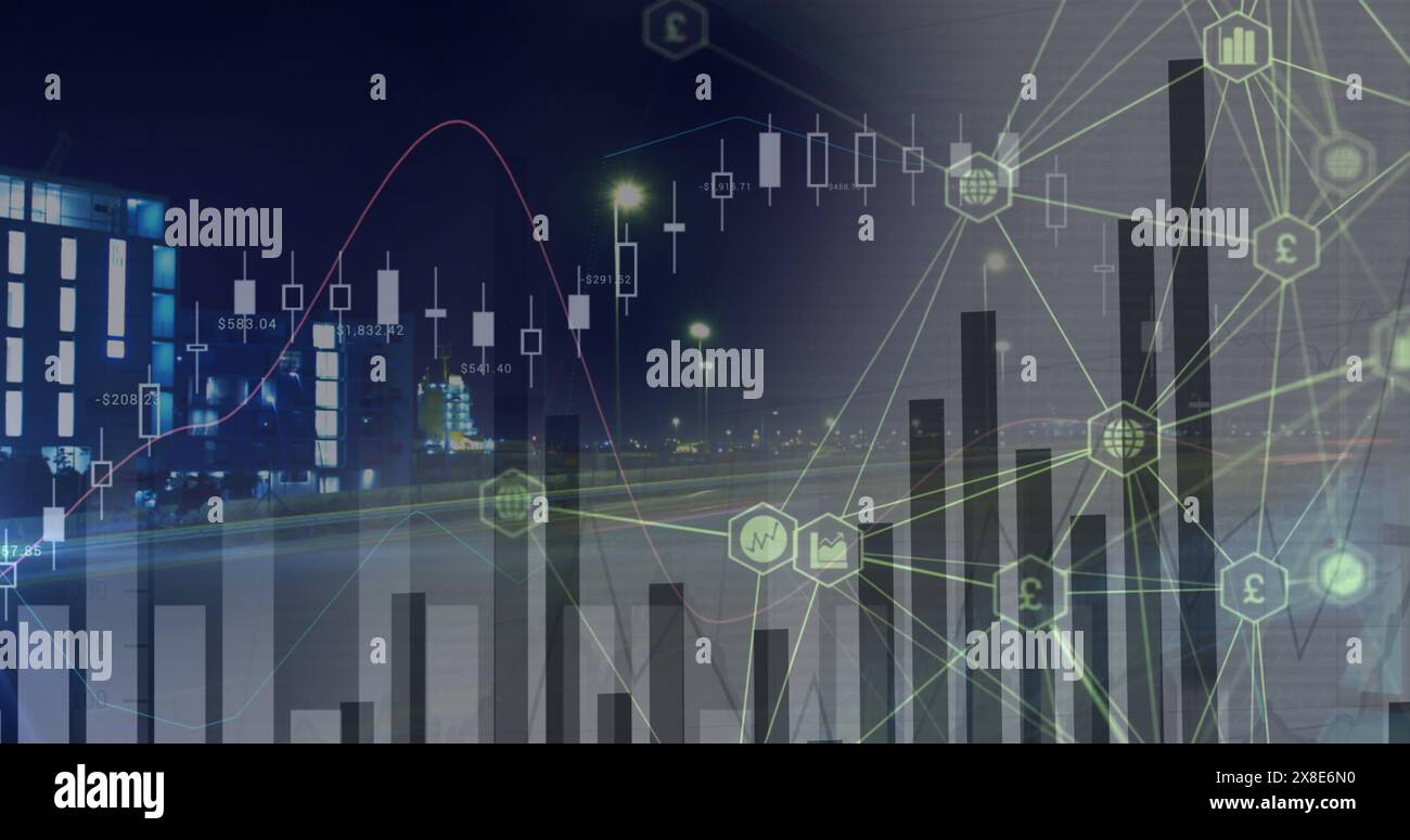 Bild eines Netzwerks von Verbindungen mit Icons und Datenverarbeitung über dem Stadtbild Stockfoto