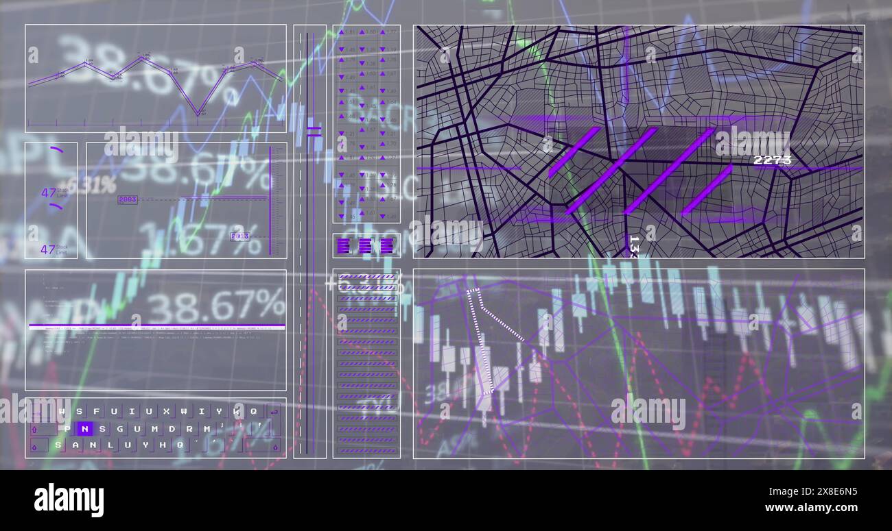 Bild der digitalen Schnittstelle und Börsendatenverarbeitung im Vergleich zur Luftaufnahme des Stadtbildes Stockfoto