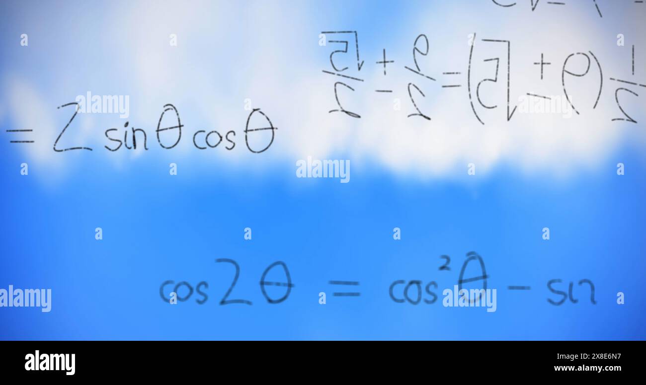 Bild handgeschriebener mathematischer Formeln über dem Hintergrund der Datenverarbeitung Stockfoto