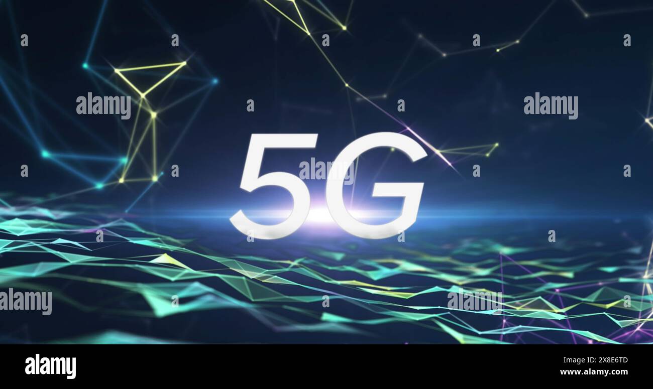 Bild von 5g-Text über Punkten, die geometrische Formen über digitalen Wellen verbinden und bilden Stockfoto
