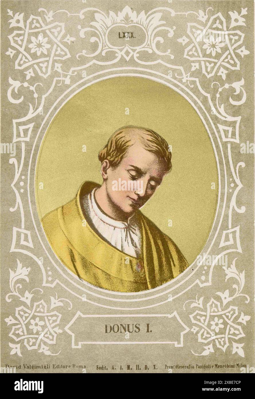 Ein Kupferstich von Papst Donus aus dem Jahr 1879, der von 676 bis 678 Pontiff war. Er war der 78. Papst. Stockfoto
