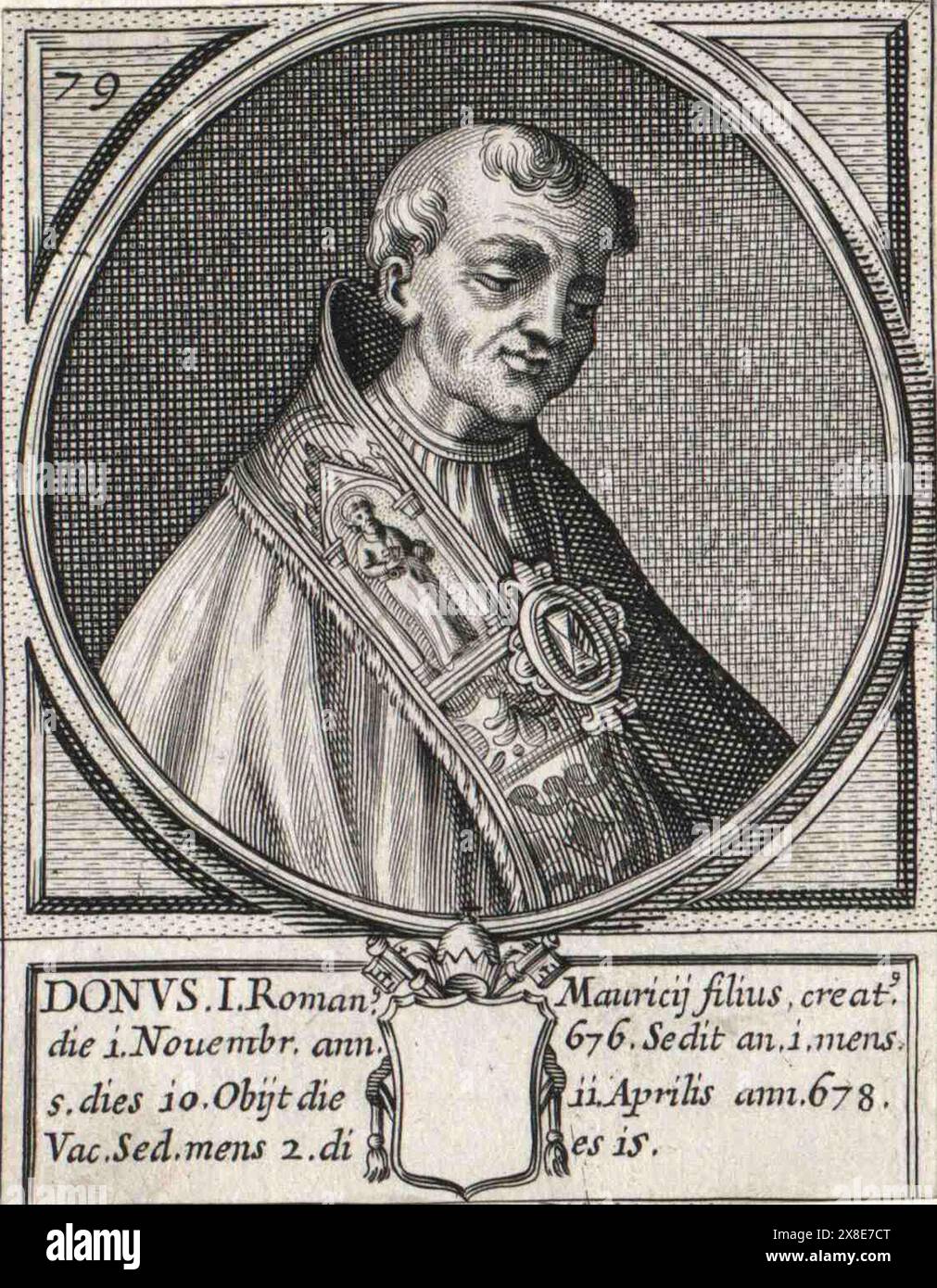 Ein Kupferstich des Papstes Donus aus dem 16. Jahrhundert, der von 676 bis 678 päpstlich war. Er war der 78. Papst. Stockfoto