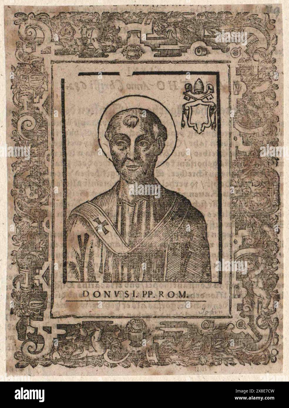 Ein Kupferstich des Papstes Donus aus dem 16. Jahrhundert, der von 676 bis 678 päpstlich war. Er war der 78. Papst. Stockfoto