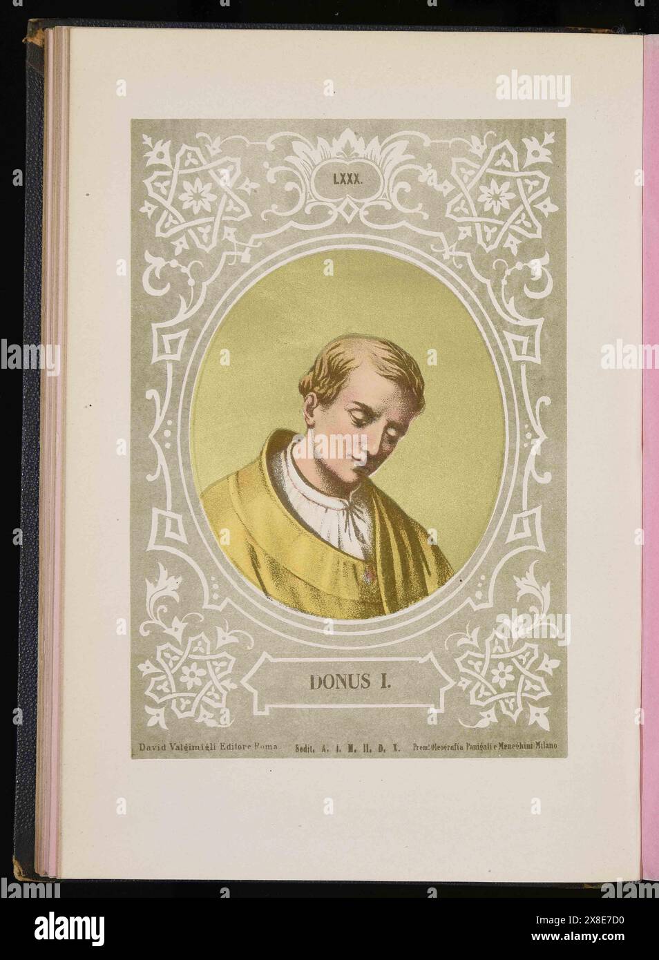 Ein Kupferstich von Papst Donus aus dem Jahr 1879, der von 676 bis 678 Pontiff war. Er war der 78. Papst. Stockfoto