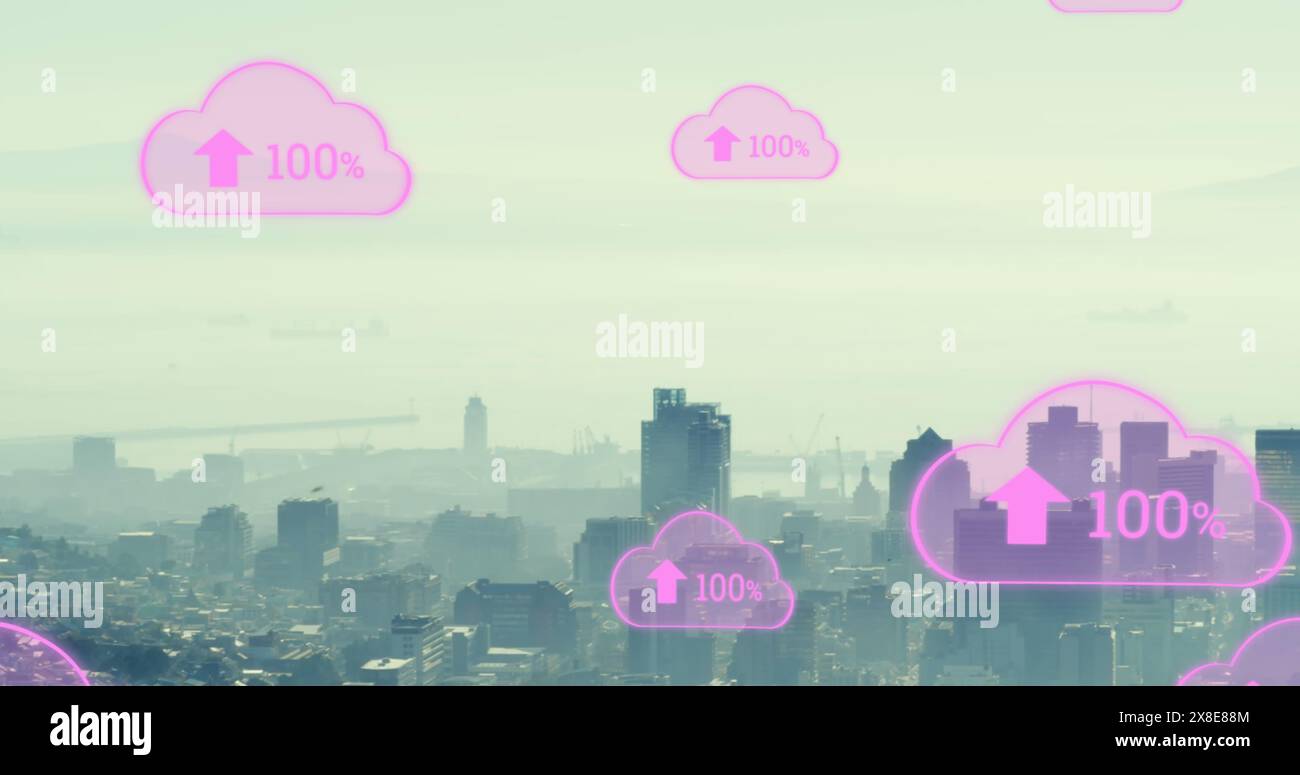 Bild von digitalen Wolken mit Upload, die über der Stadtlandschaft schweben Stockfoto