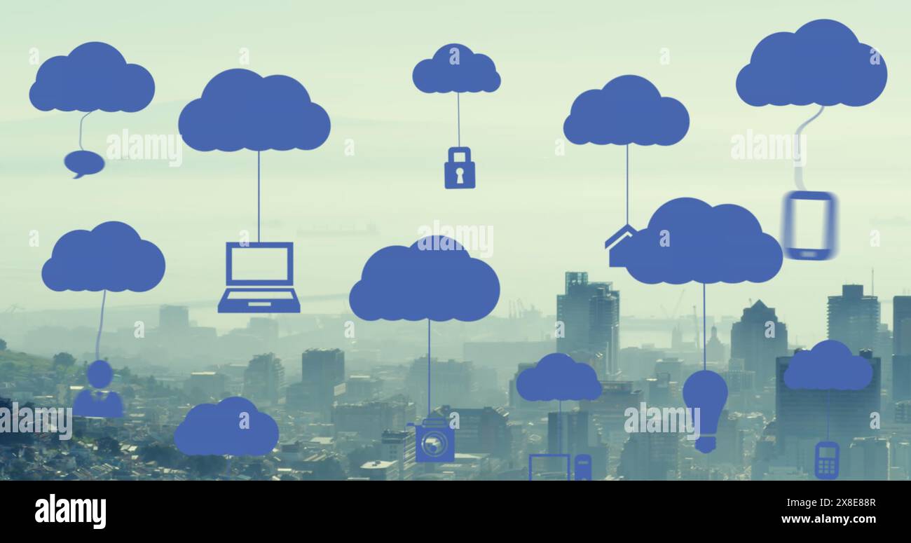 Bild von digitalen Wolken mit Technologienikonen, die über der Stadtlandschaft schweben Stockfoto