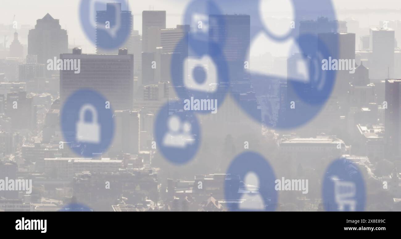 Bild von Ikonen über der Stadtlandschaft Stockfoto