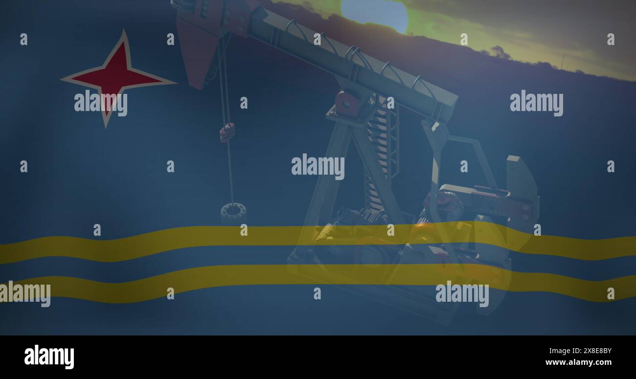 Bild der Flagge von aruba über Ölpumpe und Sonne Stockfoto