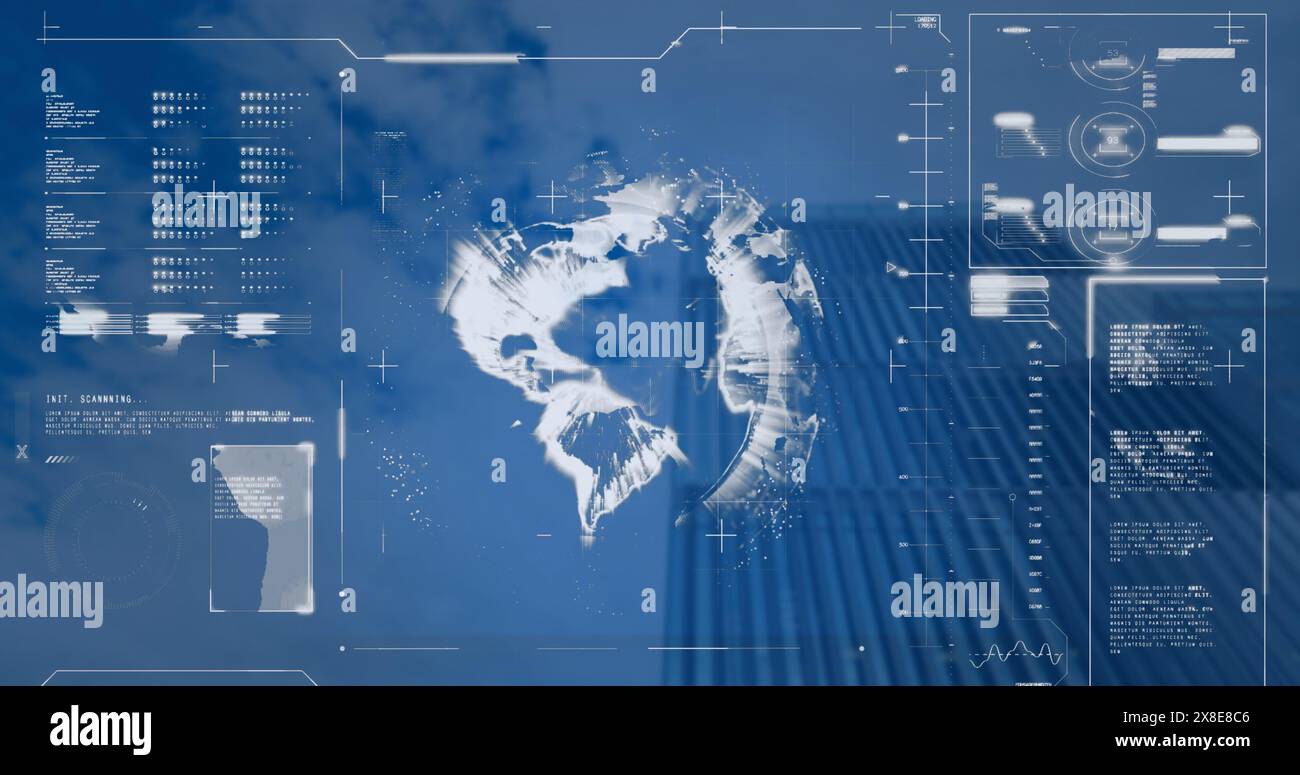 Bild der Datenverarbeitung und Globus über Stadtbild Stockfoto