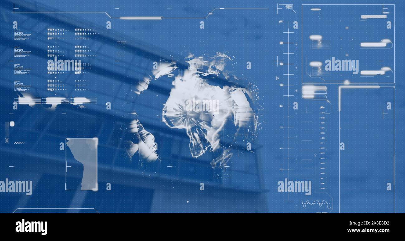 Bild der Datenverarbeitung und Globus über Stadtbild Stockfoto