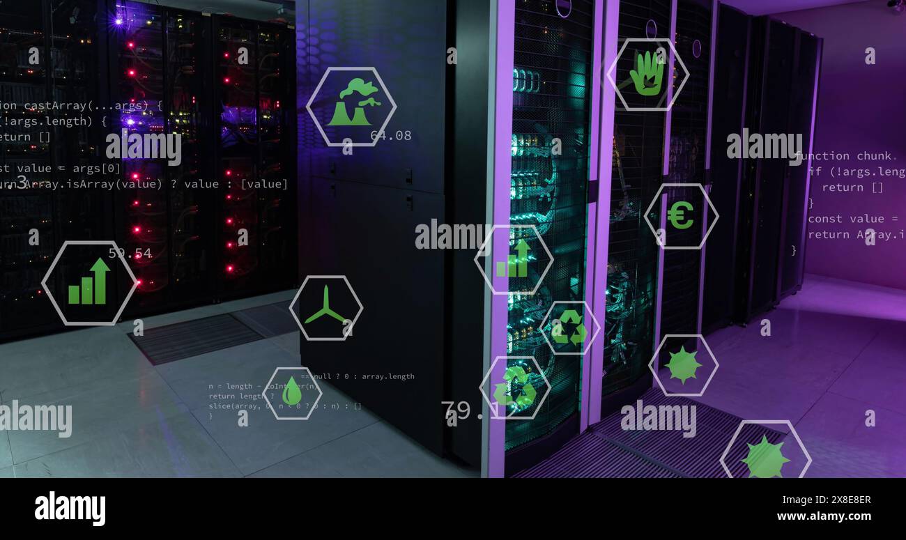 Bild der Datenverarbeitung mit Symbolen über dem Serverraum Stockfoto