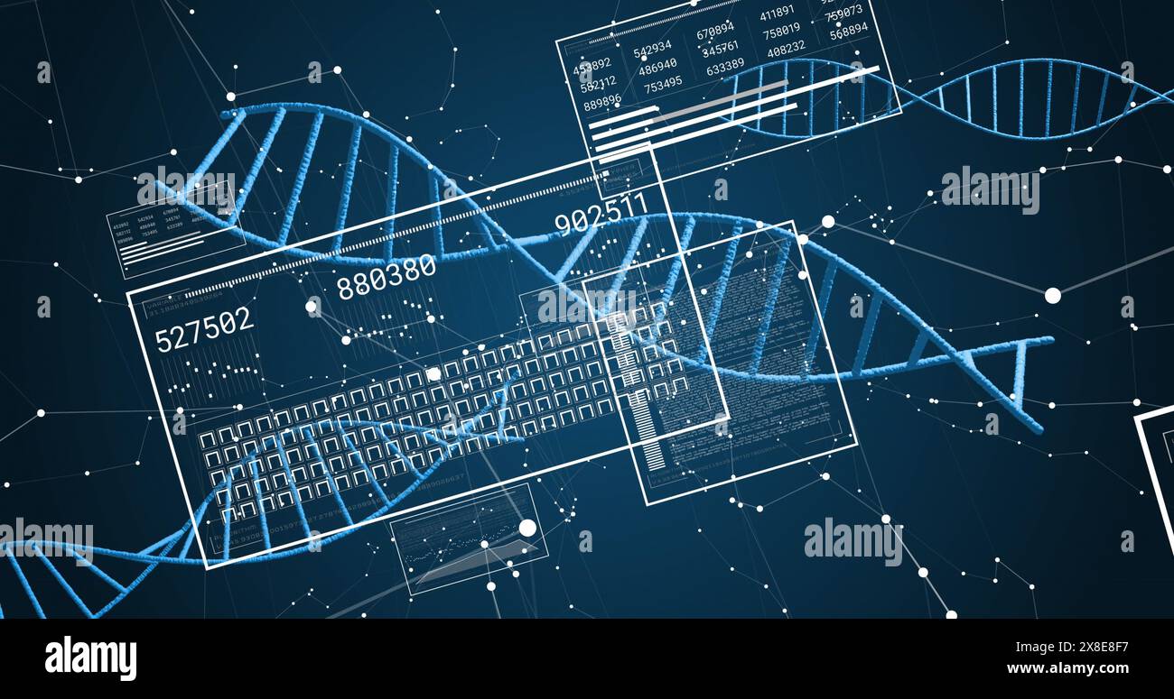 Bild von dna-Strängen, Bildschirmen mit Datenverarbeitung Stockfoto