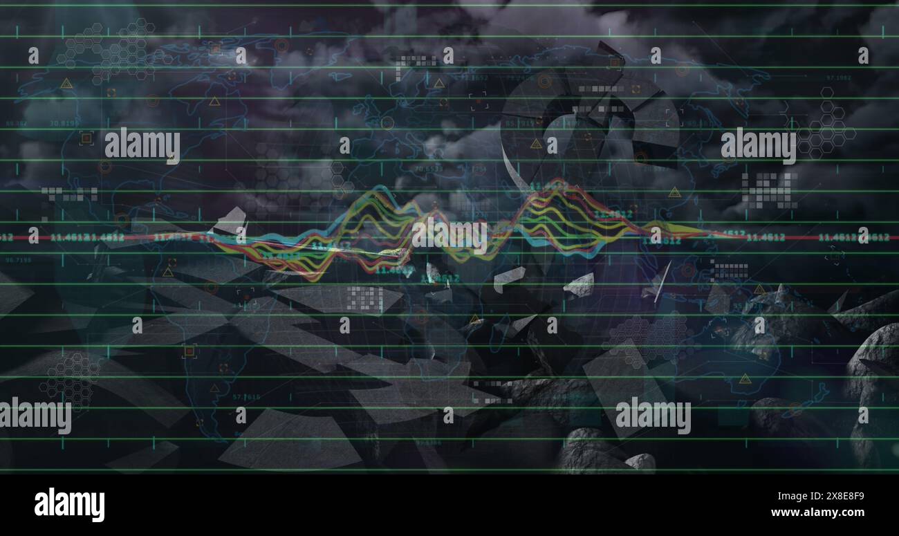 Bild von Finanzdaten und Diagrammen über Stadtlandschaft und Verkehr Stockfoto