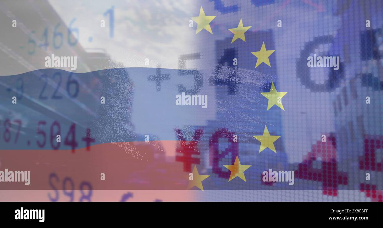 Bild der Fahnen russlands und der eu über Börse und Stadtbild Stockfoto