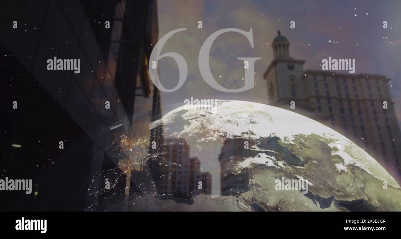 Bild von 6 g Text und rotierendem Globus über Tiefwinkelansicht von Gebäuden im Hintergrund Stockfoto