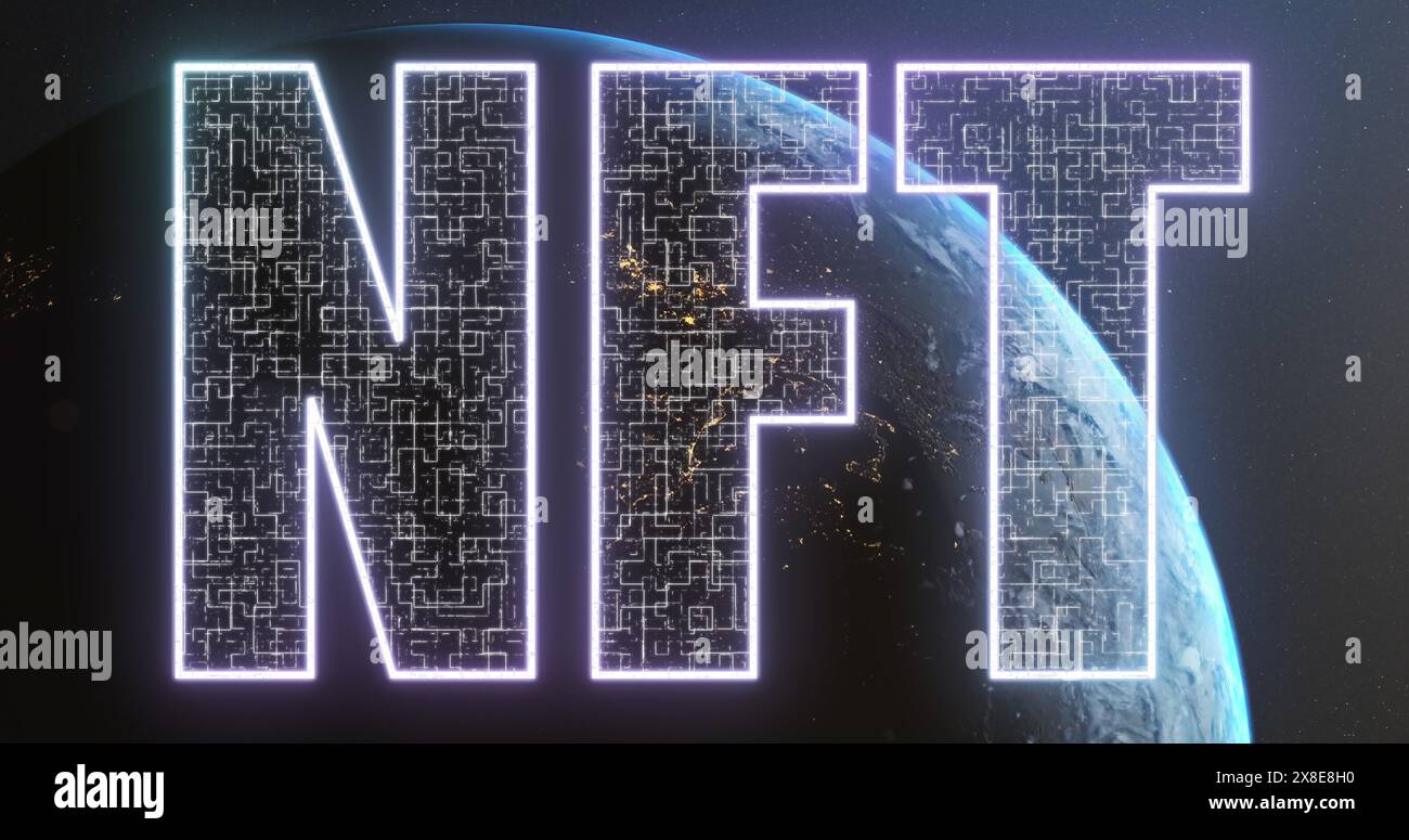 Bild des nft-Textes über Globus und Sonne auf schwarzem Hintergrund Stockfoto