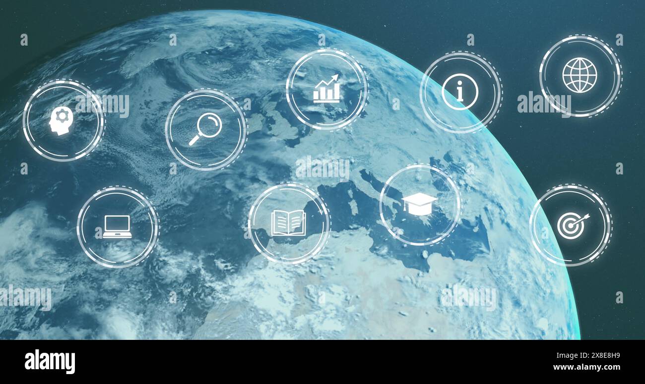 Bild von Symbolen auf der ganzen Welt auf schwarzem Hintergrund Stockfoto