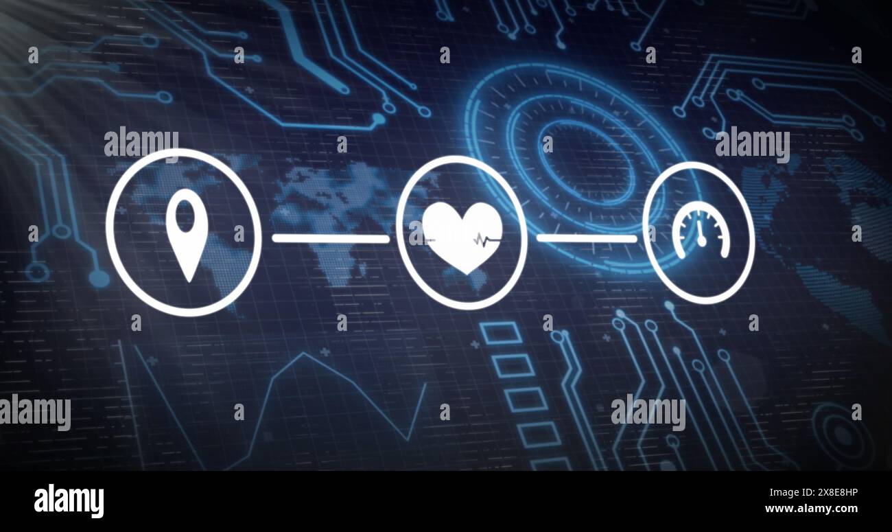 Abbildung: Netzwerk digitaler Symbole über runde Scanner- und Mikroprozessoranschlüsse Stockfoto
