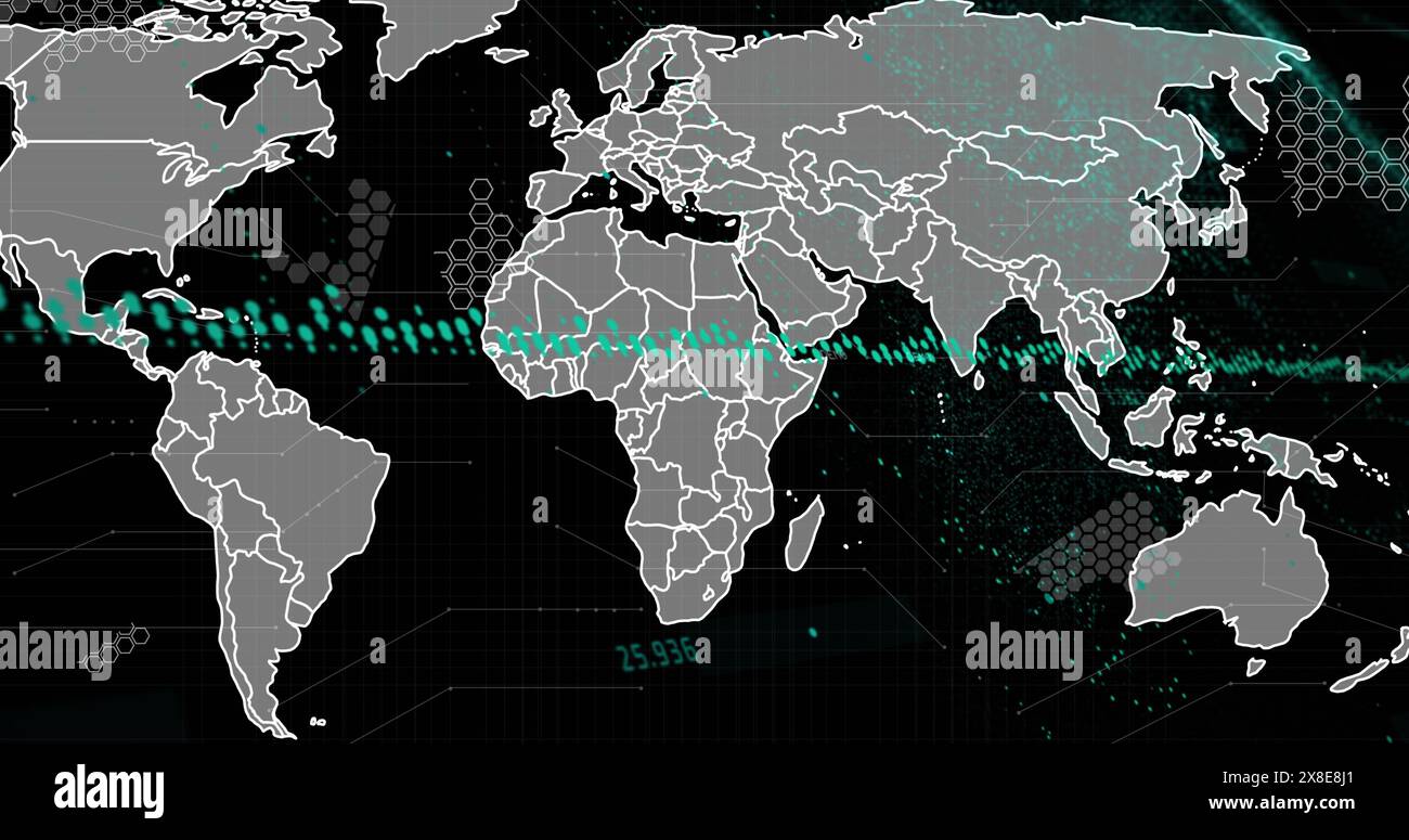 Bild der Datenverarbeitung über der Weltkarte vor schwarzem Hintergrund Stockfoto