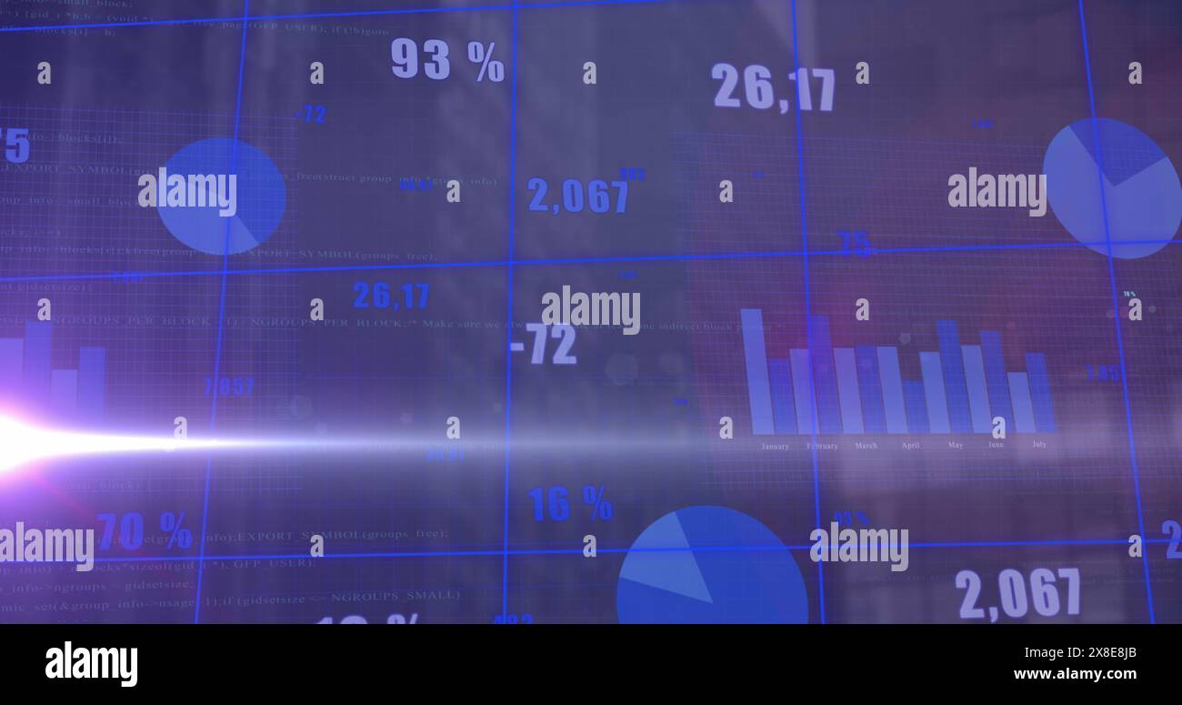 Bild der statistischen Datenverarbeitung und des Lichtflecks vor der Luftaufnahme des Hochhauses Stockfoto