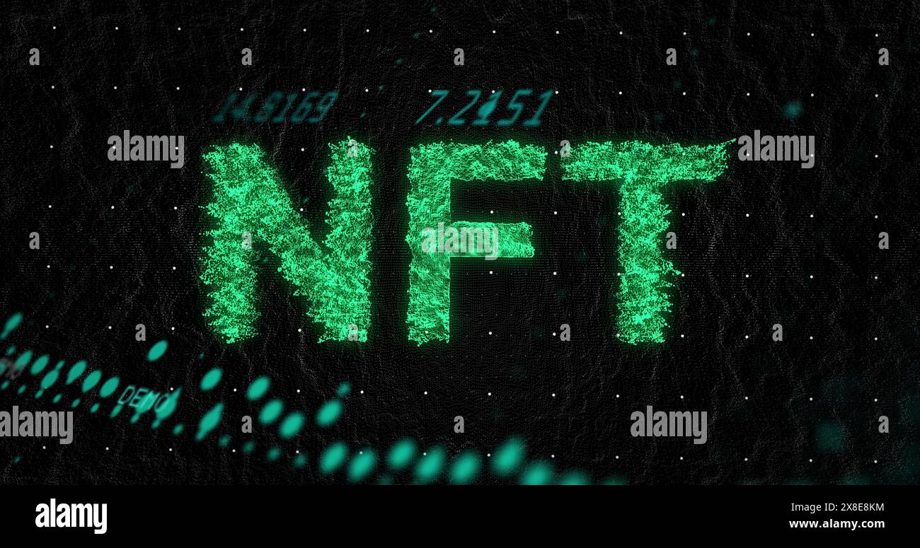Bild der nft-Text- und Datenverarbeitung auf schwarzem Hintergrund Stockfoto