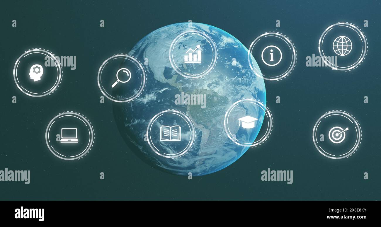 Bild mehrerer Symbole über rotierendem Globus vor abstraktem Hintergrund Stockfoto