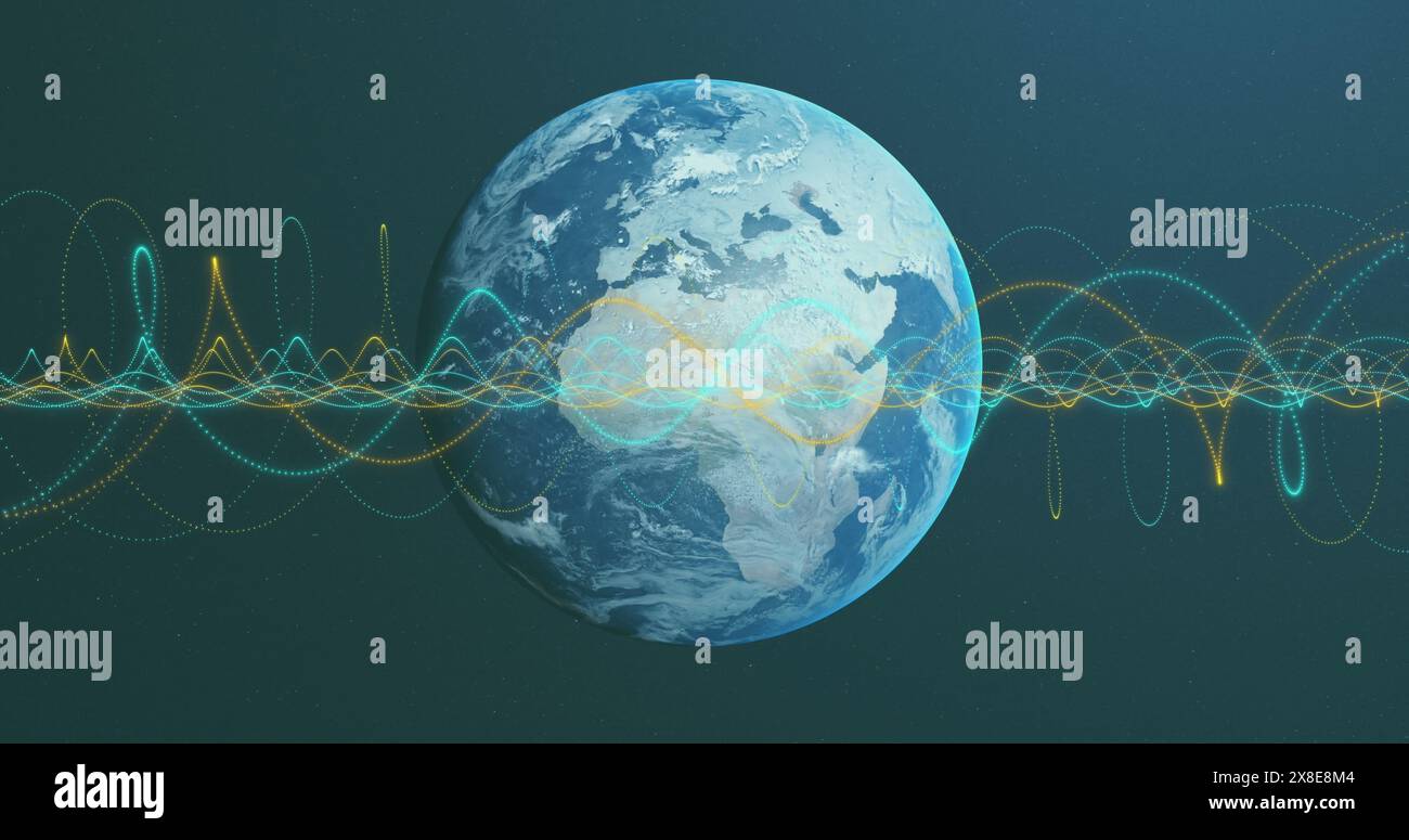 Bild von beleuchteten Spiralmustern über rotierendem Globus vor schwarzem Hintergrund Stockfoto