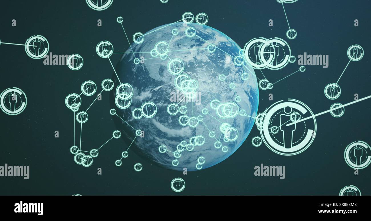 Bild des Netzwerks von Verbindungen mit Symbolen über der Welt auf schwarzem Hintergrund Stockfoto