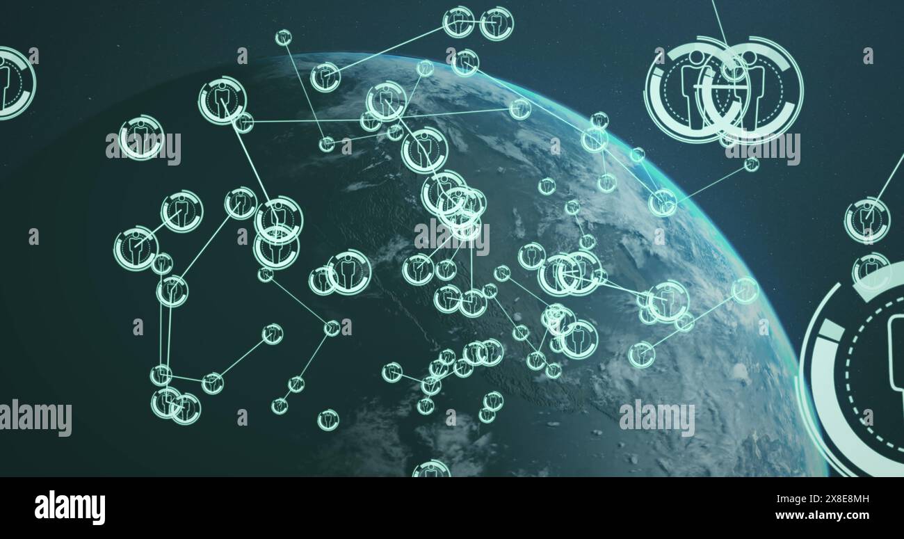 Bild des Netzwerks von Verbindungen mit Symbolen über der Welt auf schwarzem Hintergrund Stockfoto