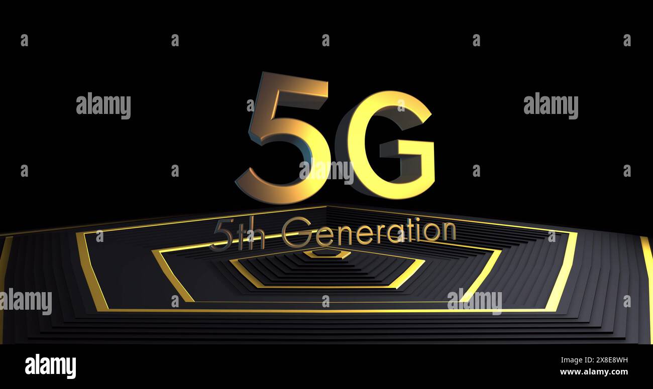Bild: 5 g Text der 5. Generation über Goldmuster auf schwarzem Hintergrund Stockfoto