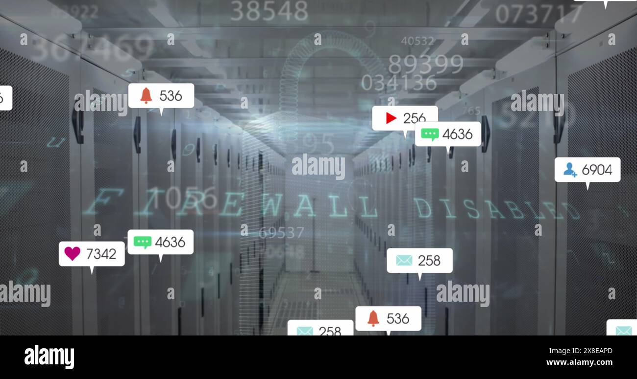 Bild von Social-Media-Symbolen, wechselnden Zahlen, Datenverarbeitung im Serverraum im Cybersicherheitsbereich Stockfoto