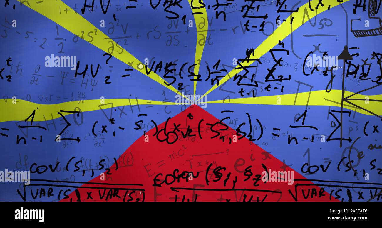 Bild von mathematischen Gleichungen über der schwingenden Flagge des Wiedersehens Stockfoto