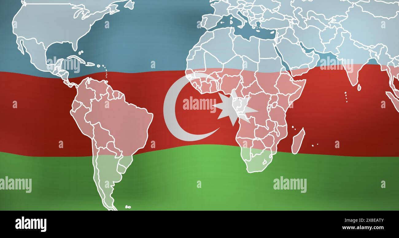 Bild einer digitalen Karte, die sich über der Nationalflagge aserbaidschans bewegt Stockfoto