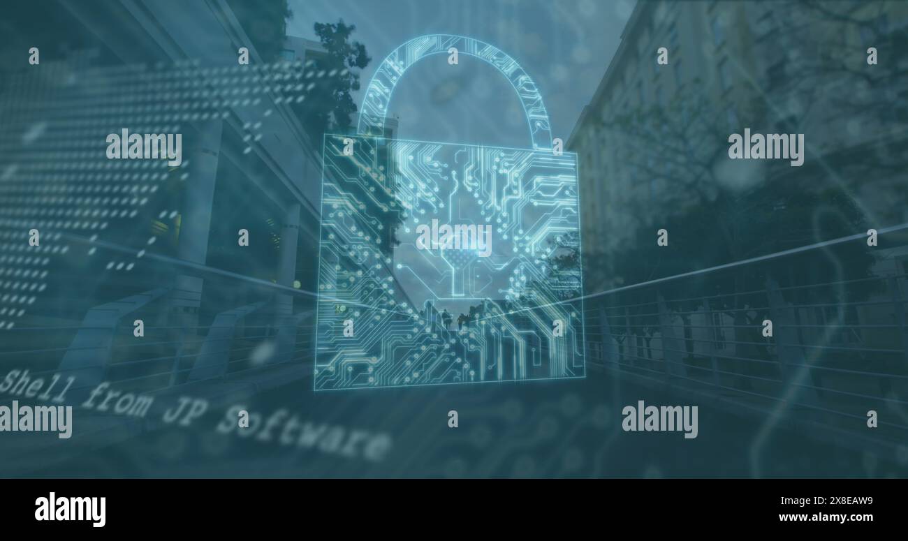 Bild: Symbol für Sicherheitsvorhängeschloss, Weltkarte, Datenverarbeitung gegen Menschen, die auf einer Stadtbrücke laufen Stockfoto