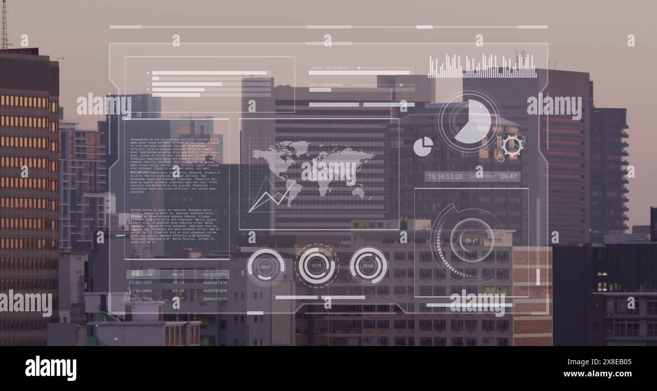 Abbildung von Diagrammen, Ladebalken und Kreisen mit Karte über Luftbild der modernen Stadtlandschaft Stockfoto