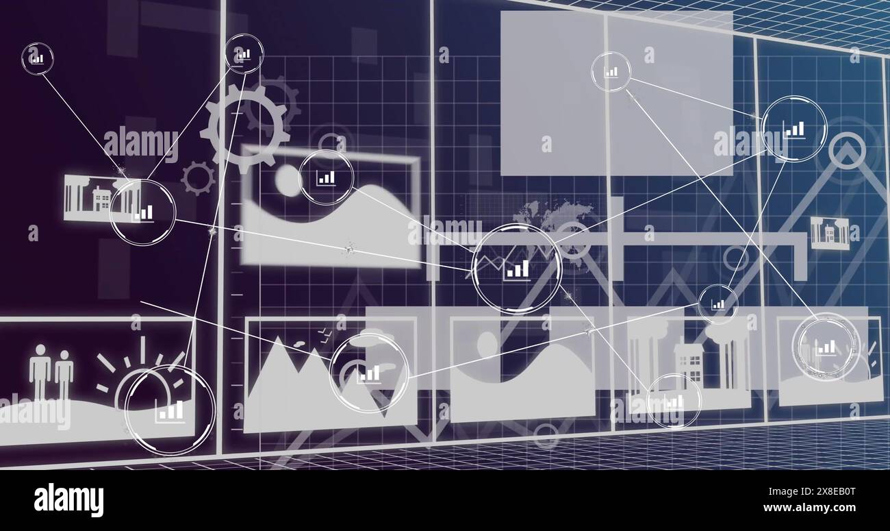 Mann mit Brille, analysiert Daten auf mehreren Bildschirmen, zeigt auf Diagramme Stockfoto