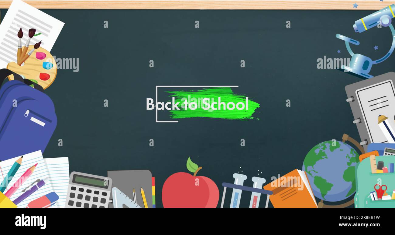 Die Schulmaterialien liegen auf dem Schreibtisch, mit Büchern, einem Globus und einem Taschenrechner Stockfoto