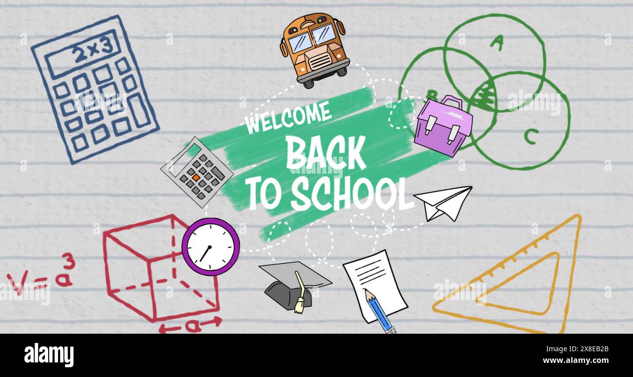 Illustration zum Thema Schule mit gelbem Bus, Taschenrechner und Rucksack Stockfoto