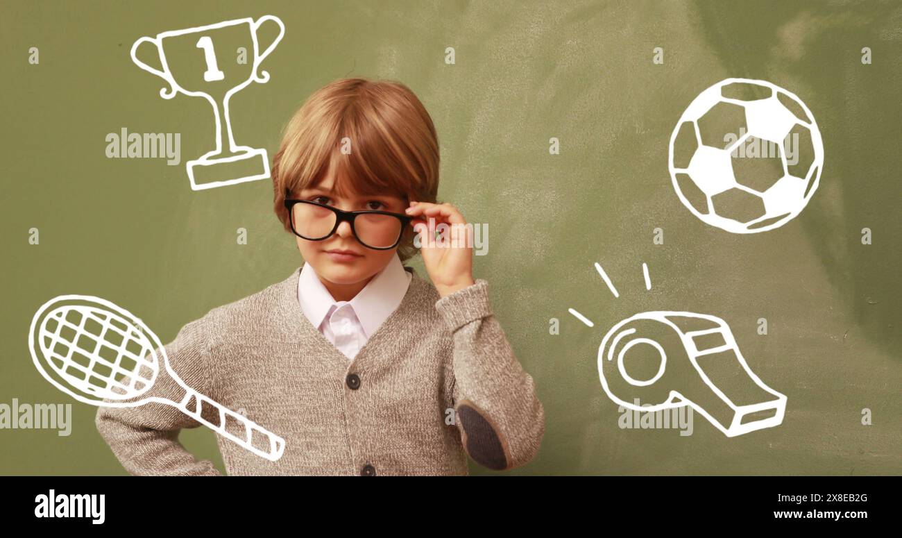 Kaukasischer Schüler, der Brillen trägt, passt sie in der Schule an Stockfoto