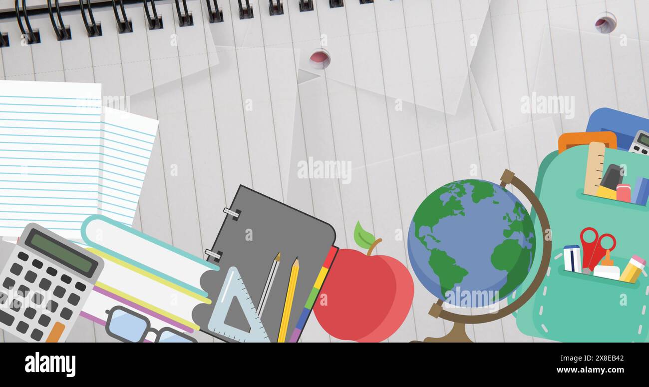 Die Schulmaterialien sind über den Schreibtisch verteilt, mit einem Globus und einem Apfel Stockfoto
