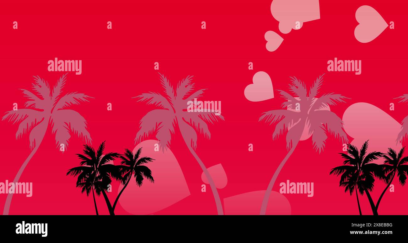 Palmen und Herzformen dominieren den roten Hintergrund Stockfoto