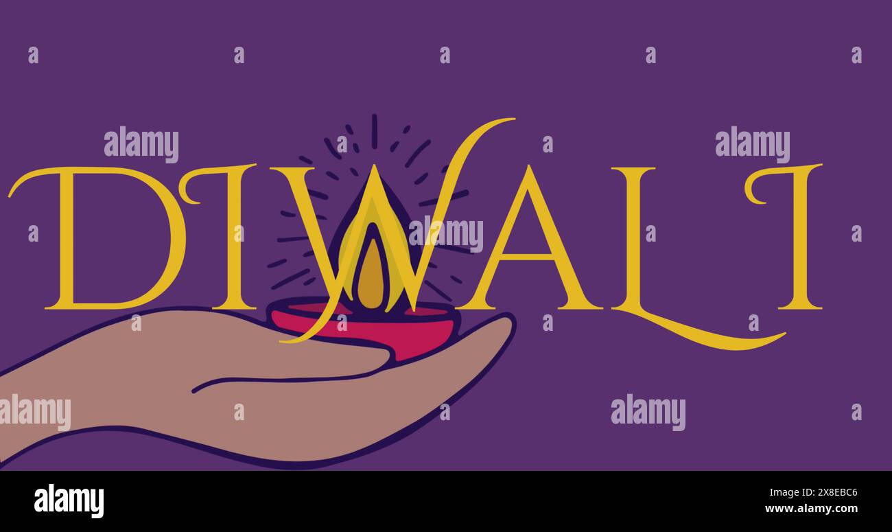 Hand hält die beleuchtete Öllampe unter DIWALI-Text auf violettem Hintergrund Stockfoto
