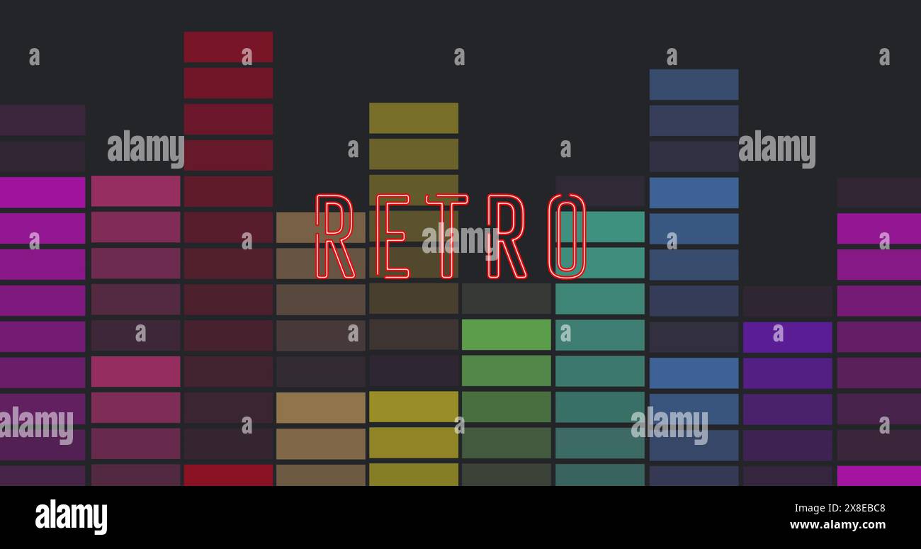 Bunte Blöcke wie ein digitaler Equalizer glänzen hinter leuchtend rotem RETRO-Text Stockfoto