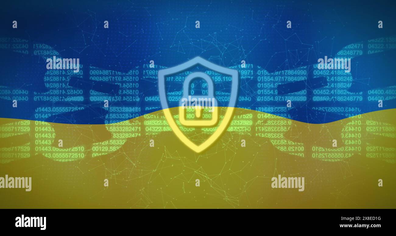 Digitale Schilde und Schlosssymbole kennzeichnen Sicherheit durch Binärcodes und Diagramme Stockfoto