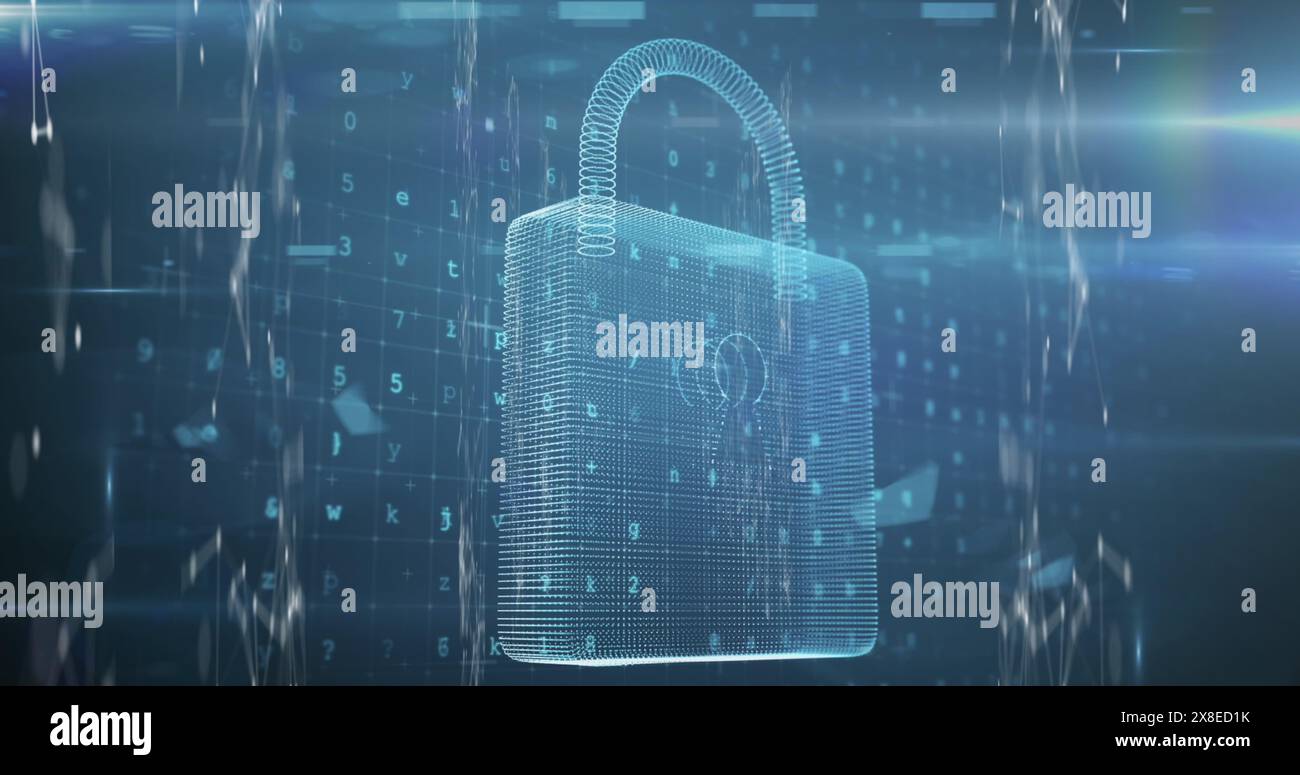Ein leuchtendes Schlosssymbol, umgeben von Datenströmen Stockfoto