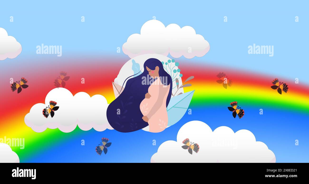 Frau mit langen Haaren im Papierboot schwimmt über Wolken nahe dem Regenbogen und hält Blumen Stockfoto